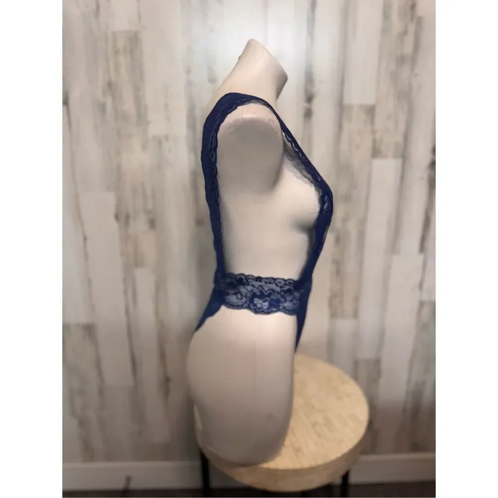 Avidlove Blue Lace Teddy Bodysuit Sheer Deep V Lingerie Open Back Size M